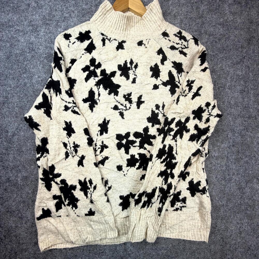Vintage Liz Claiborne Sweater Women M Beige Black Floral Y2K Chic Neutral Cozy